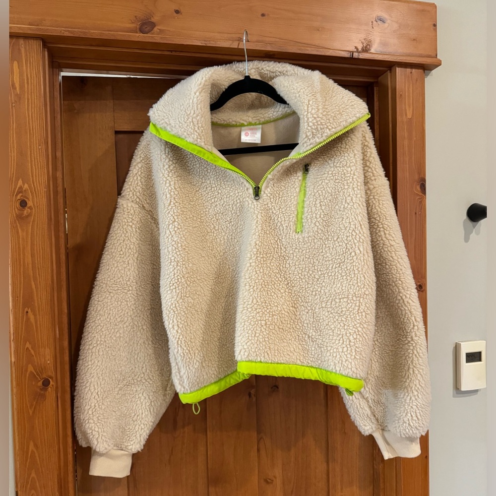 Cream Starfish quarter zip Sherpa with lime green details